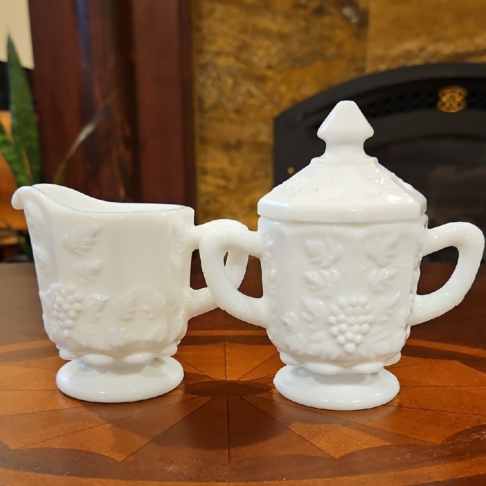 Vintage Westmoreland "Paneled Grape" Milk Glass Creamer & Covered Sugar Bowl Set